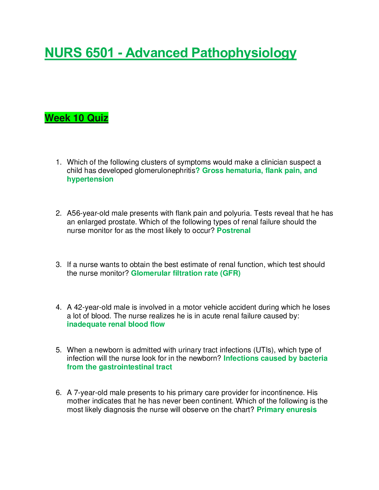 Preview of NURS 6501 / NURS6501: Advanced Pathophysiology Week 10 Quiz Graded A   Walden University